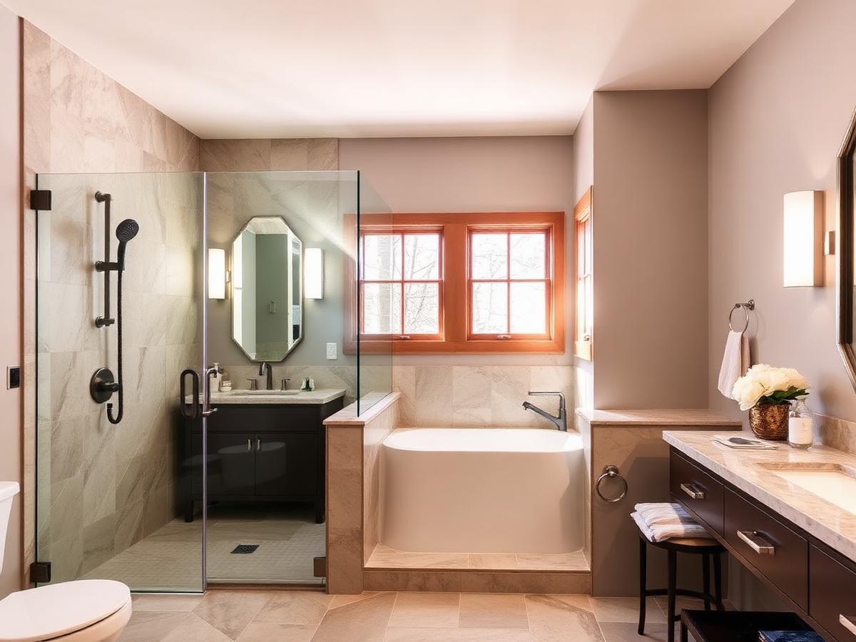 Remodeled bathroom with glass shower and stone tile